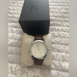 PX watch with brown leather perforated band